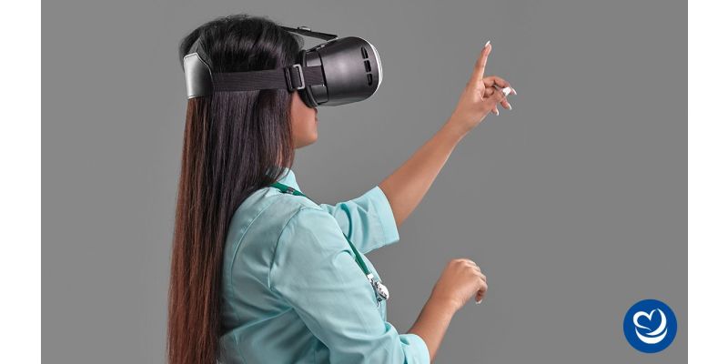 Woman wearing virtual reality headset moving her hands in the air