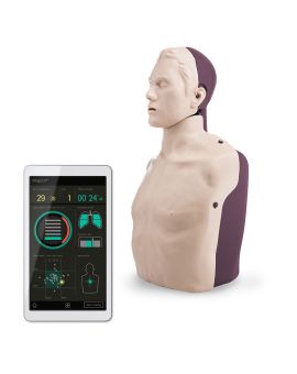 side angle view of Brayden CPR manikin torso standing up and graphic depicting feedback on a mobile device