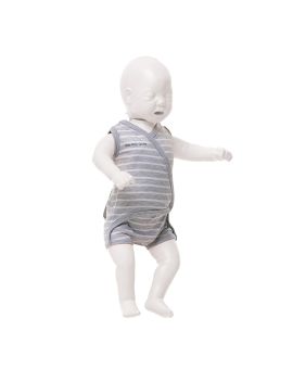 faded image of infant manikin with full-color striped jumpsuit