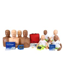 4 CPR Taylor adult manikins, 4 Baby Tyler manikins, 4 pack of AED trainers, and packs of CPR masks with valves