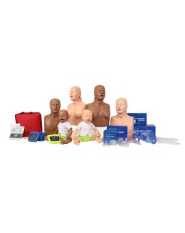 Diverse set of 4 adult/child CPR Taylor Manikins, 2 infant Baby Tyler manikins, CPR masks, BVMs, and AED Trainers