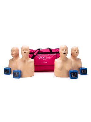 4 CPR Taylor manikins with light skin with male and female chest skins sitting in front of carrying bag with CPR feedback monitors