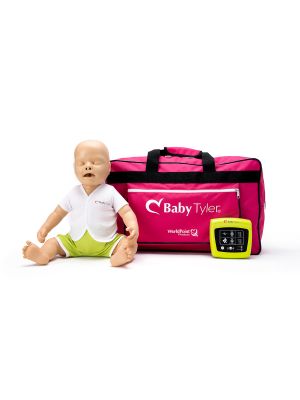 Baby Tyler infant CPR manikin with light skin sitting in front of carrying bag with CPR feedback monitor