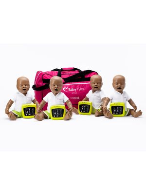 4 Baby Tyler infant CPR manikins with dark skin, sitting in front of carrying bag with feedback monitors