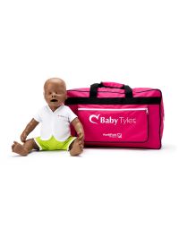 Baby Tyler infant CPR manikin with dark skin, sitting in front of carrying bag