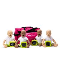 4 Baby Tyler infant CPR manikins with dark and light skin, sitting in front of carrying bag with feedback monitors