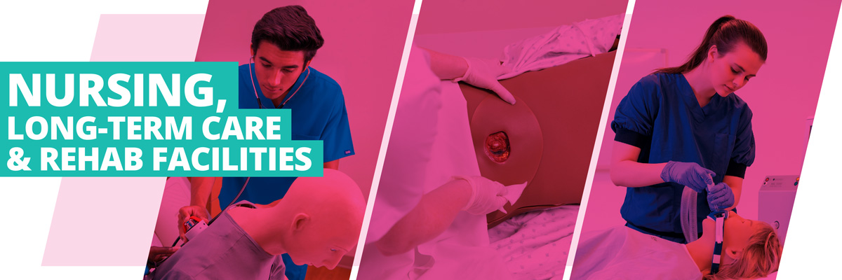 collage of 3 images: male nurse auscultating a patient care manikin, person caring for a sacral wound, and female nurse caring for a patient on a ventilator
