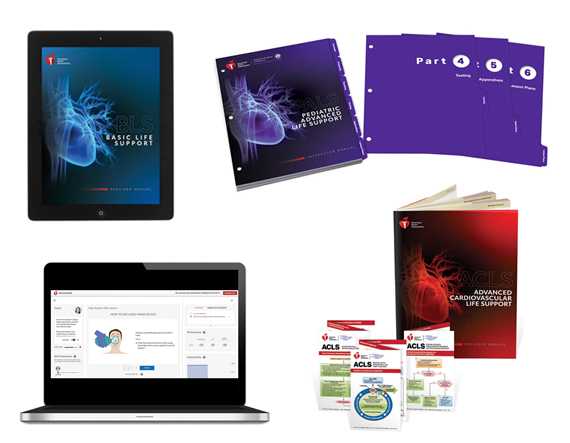 Variety of American Heart Association (AHA) products including BLS PALS, ACLS, and Heartsaver eProducts, online courses, and manuals
