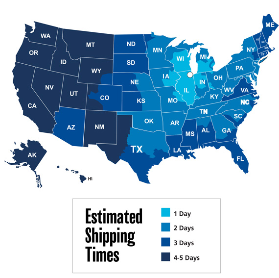 United States Shipping Map showing shipping zones and shipping times